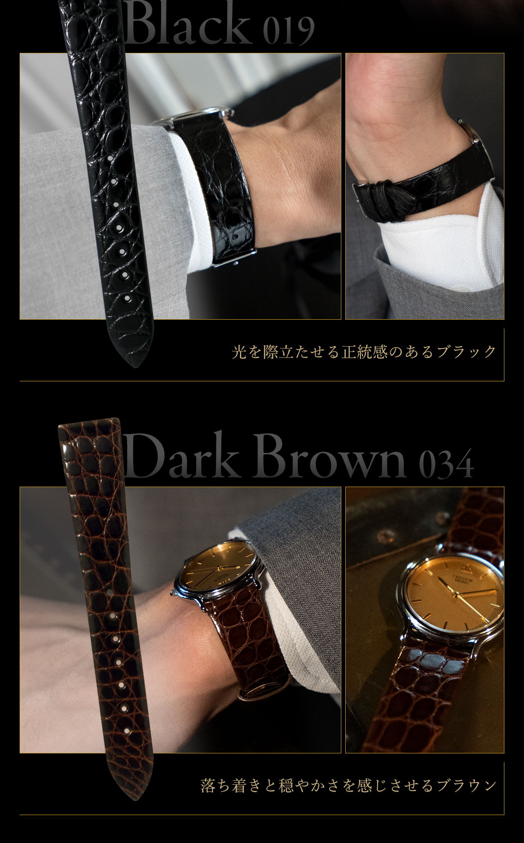 光を際立たせる正統感のあるブラック Black (019) 落ち着きと穏やかさを感じさせるブラウン Dark Brown (034)
